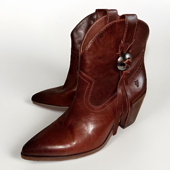 Frye‎ Faye Concho Short Brown Leather Slip On Country Western Boots size 8.5 - Picture 1 of 11